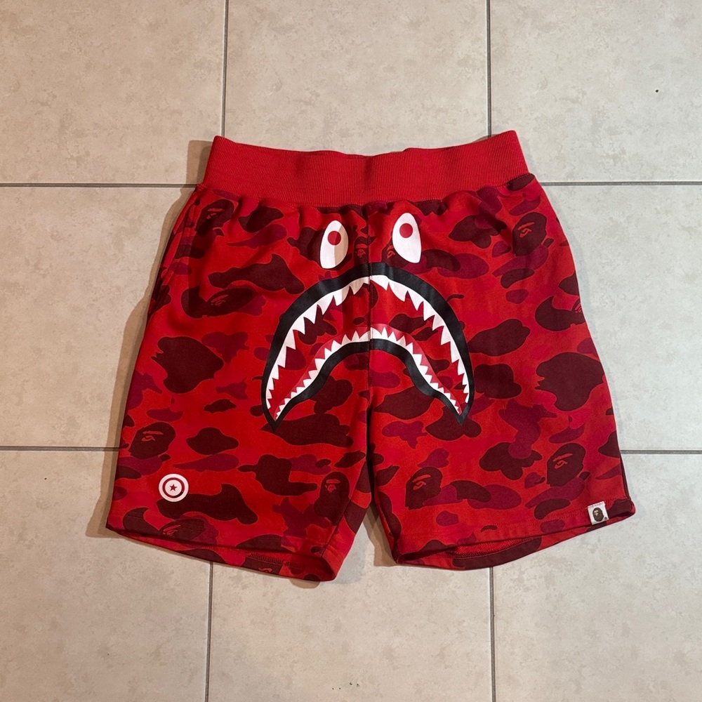 A Bathing Ape Red Camo Shark Sweat-shorts